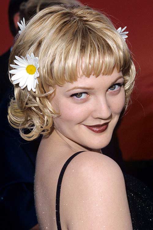 Drew Barrymore's Cutest Bang Cut Hair with Flowers