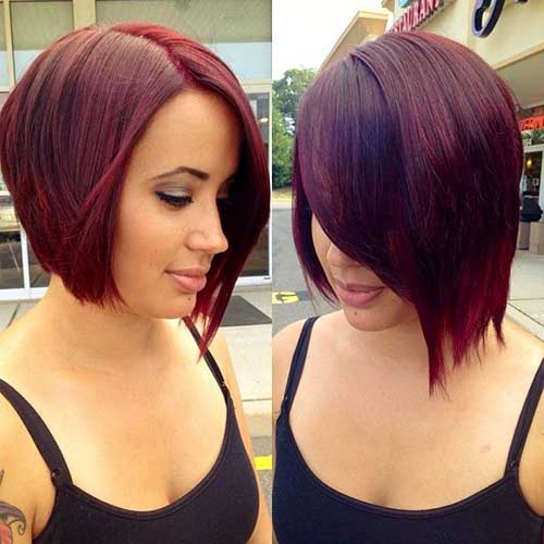Red Colored Asymmetric Bob Haircut