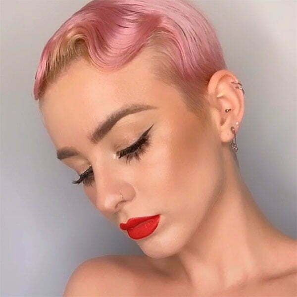 woman with short pink hair
