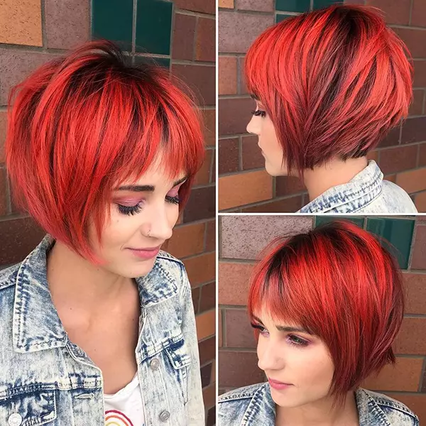 Bright Red Layered Bob with Bangs